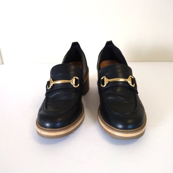Time and Tru Black Block Heel Slip On Loafers with Gold Accents Size 8 - Picture 2 of 7